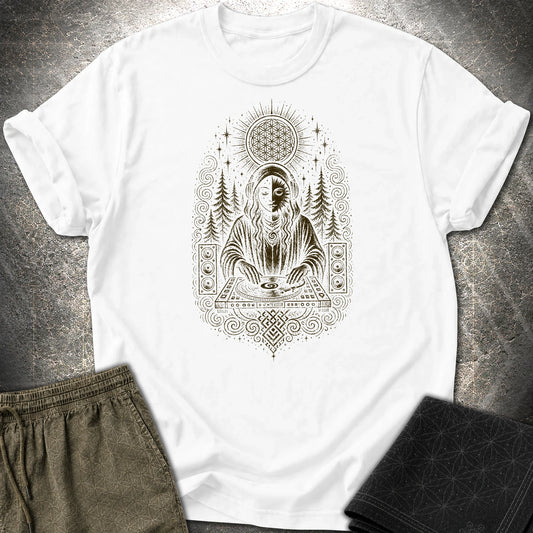 Mystic DJ T-Shirt, Psychedelic Rave Goddess Shirt, Sacred Geometry Festival Graphic Tee - Mystic DJ T-Shirt, Psychedelic Rave Goddess Shirt, Sacred Geometry Festival Graphic Tee - White