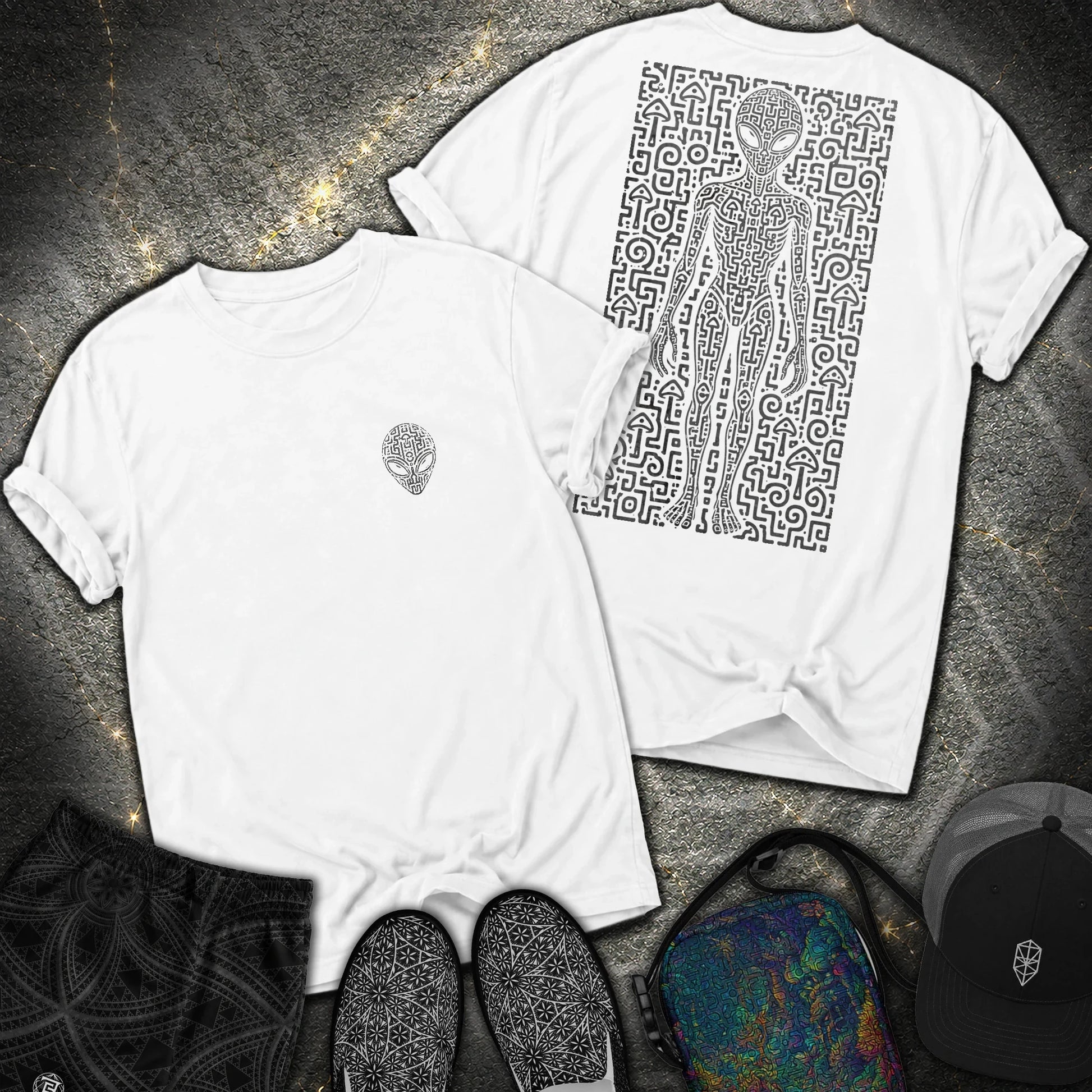 Psychedelic Distressed Alien 2 Sided Comfort T-Shirt - Psychedelic Distressed Alien 2 Sided Comfort T-Shirt - White