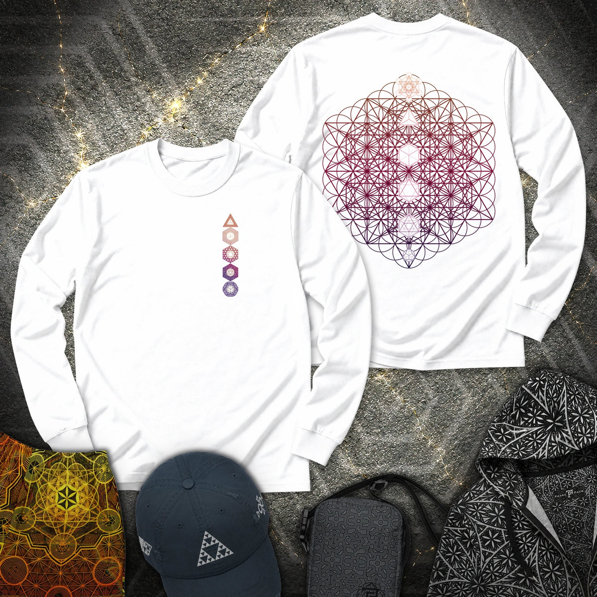 64 Tetrahedron Platonic Solids Metatron 2 Sided - 64 Tetrahedron Platonic Solids Metatron 2 Sided Long Sleeve Shirt - White