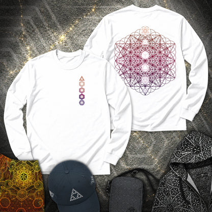 64 Tetrahedron Platonic Solids Metatron 2 Sided - 64 Tetrahedron Platonic Solids Metatron 2 Sided Long Sleeve Shirt - White