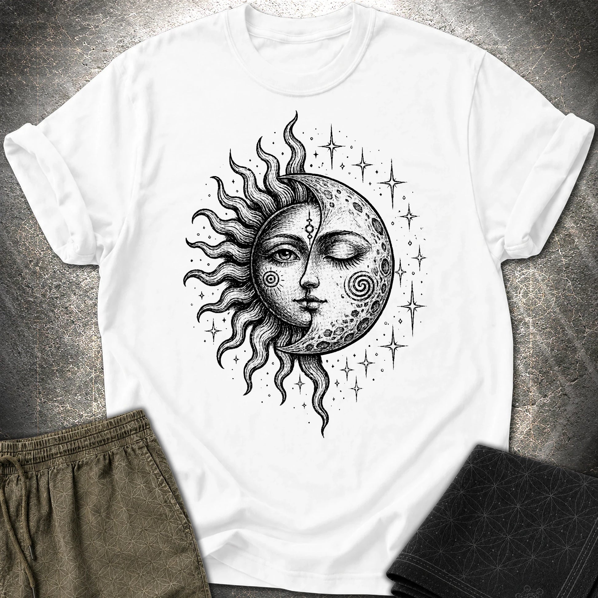 Celestial Sun Moon T-Shirt, Mystic Duality Shirt, Spiritual Cosmic Graphic Tee - Celestial Sun Moon T-Shirt, Mystic Duality Shirt, Spiritual Cosmic Graphic Tee - White