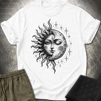 Celestial Sun Moon T-Shirt, Mystic Duality Shirt, Spiritual Cosmic Graphic Tee - Celestial Sun Moon T-Shirt, Mystic Duality Shirt, Spiritual Cosmic Graphic Tee - White