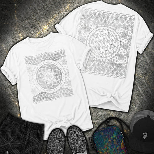 Silver Geometry Flower & Seed of Life Heavyweight 2 Sided Comfort T-Shirt - Silver Geometry Flower & Seed of Life Heavyweight 2 Sided Comfort T-Shirt - White
