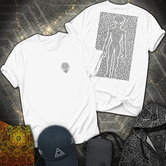 Psychedelic Distressed Alien 2 Sided Comfort T-Shirt - Psychedelic Distressed Alien 2 Sided T-Shirt - White