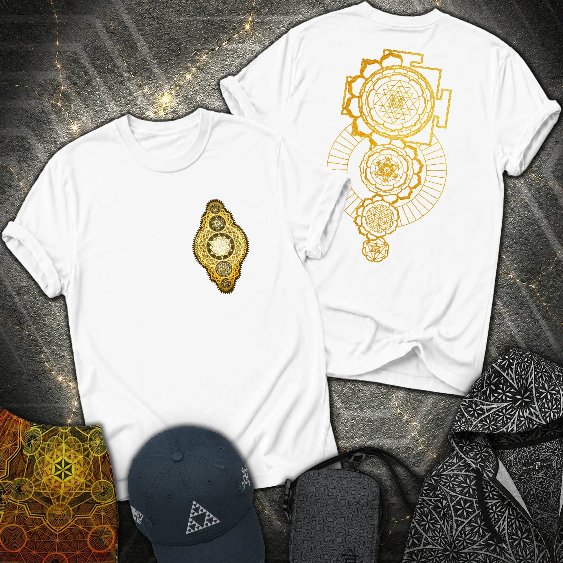 Gold Sacred Geometry Sri Yantra 2 Sided T-Shirt - Gold Sacred Geometry Sri Yantra 2 Sided T-Shirt - White