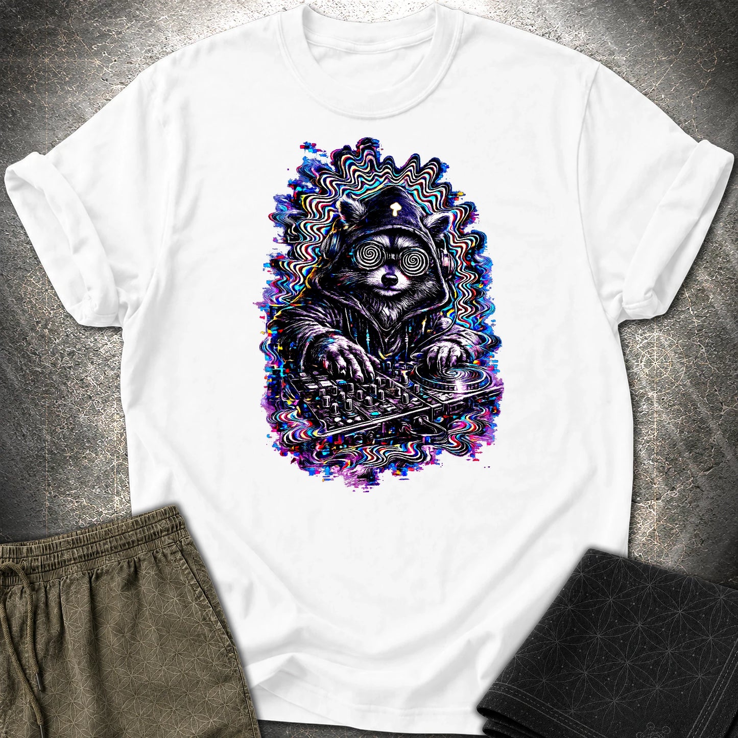 Psychedelic Raccoon DJ T-Shirt, Glitch Rave Animal Shirt, Trippy Festival Graphic Tee - Psychedelic Raccoon DJ T-Shirt, Glitch Rave Animal Shirt, Trippy Festival Graphic Tee - White