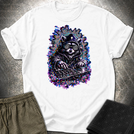 Psychedelic Raccoon DJ T-Shirt, Glitch Rave Animal Shirt, Trippy Festival Graphic Tee - Psychedelic Raccoon DJ T-Shirt, Glitch Rave Animal Shirt, Trippy Festival Graphic Tee - White