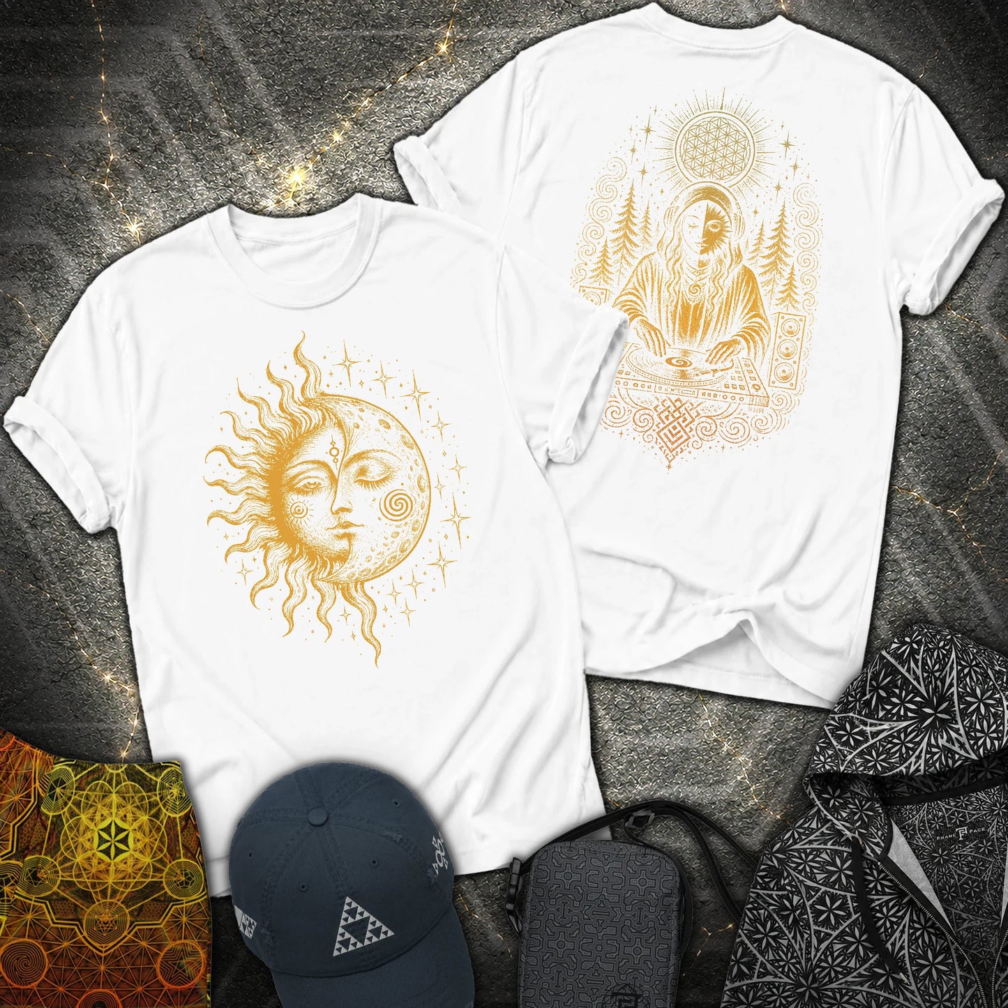 Celestial Sun Moon Mystic DJ Shirt 2 Sided T-Shirt - Celestial Sun Moon Mystic DJ Shirt 2 Sided T-Shirt - White