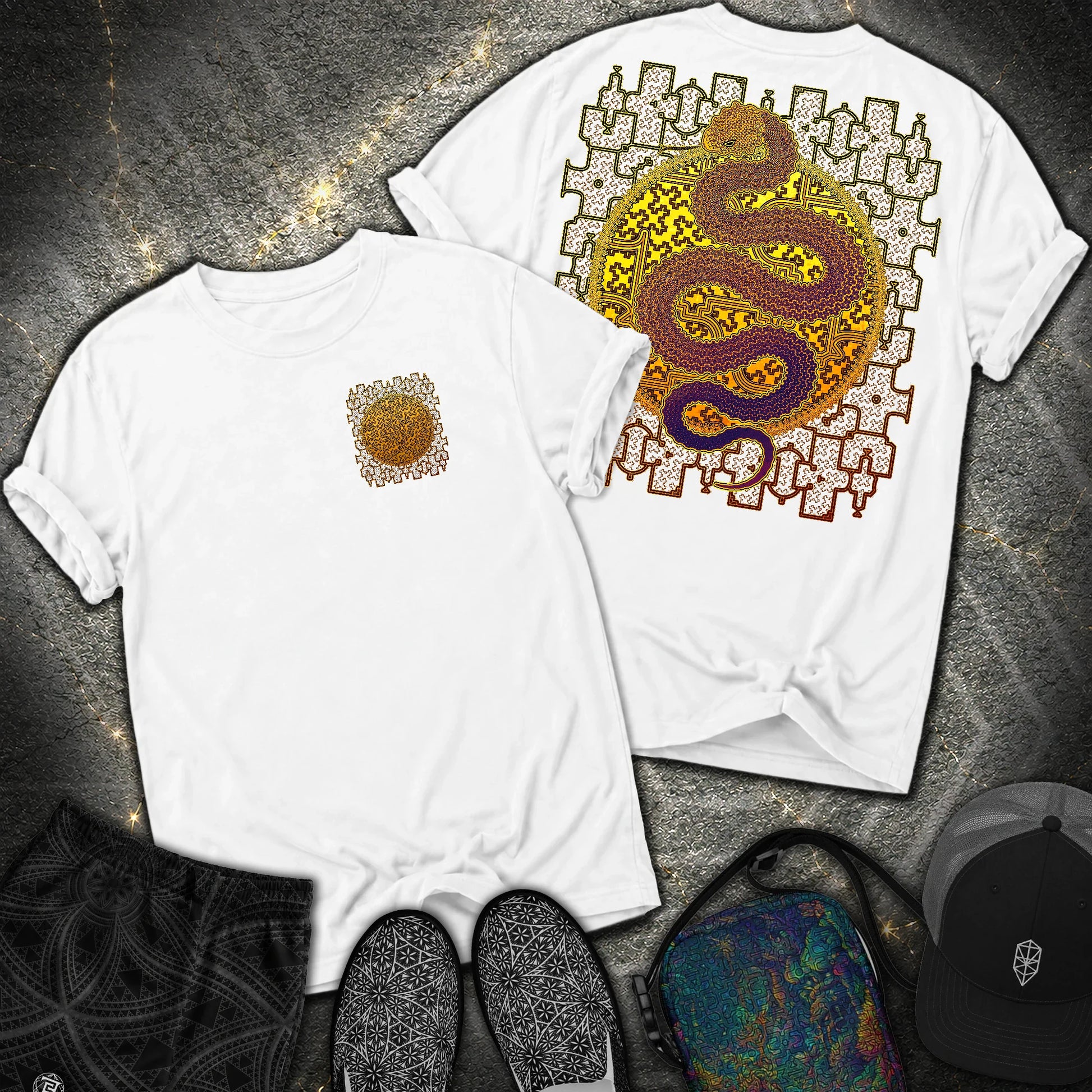Shipibo Kene Cosmic Snake Comfort 2 Sided T-shirt - Shipibo Kene Cosmic Snake Comfort 2 Sided T-shirt - White