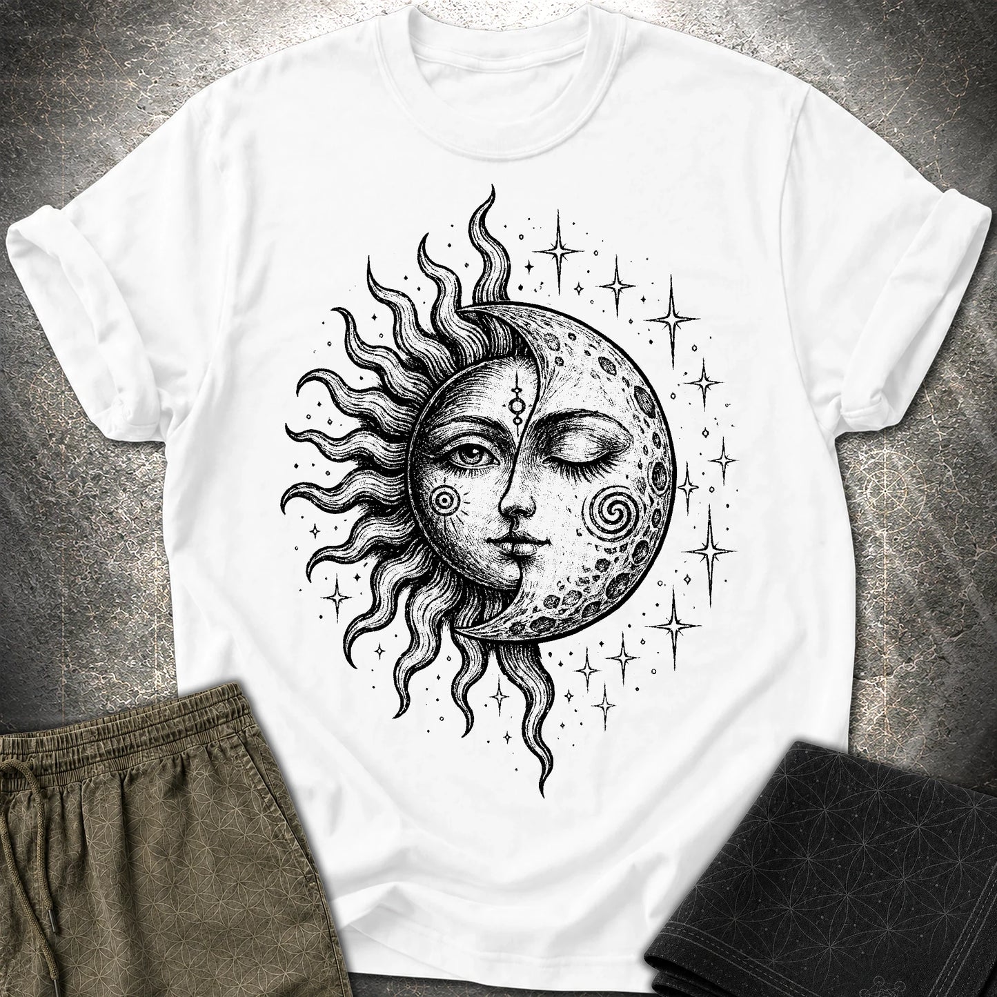 Celestial Sun Moon T-Shirt, Mystic Duality Shirt, Spiritual Cosmic Graphic Tee - Celestial Sun Moon T-Shirt, Mystic Duality Shirt, Spiritual Cosmic Graphic Tee - White