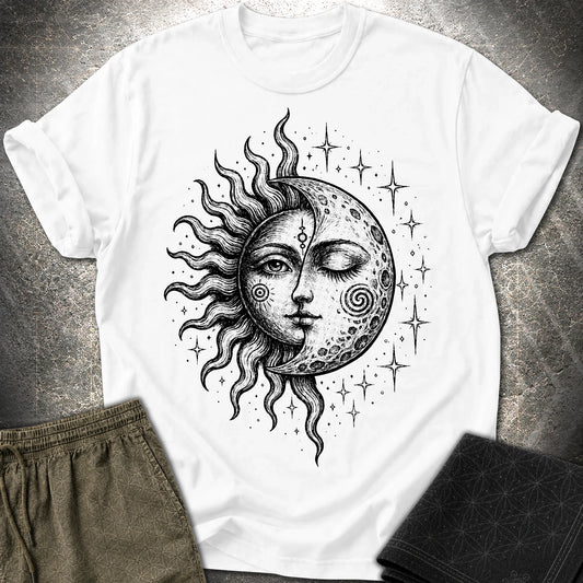 Celestial Sun Moon T-Shirt, Mystic Duality Shirt, Spiritual Cosmic Graphic Tee - Celestial Sun Moon T-Shirt, Mystic Duality Shirt, Spiritual Cosmic Graphic Tee - White