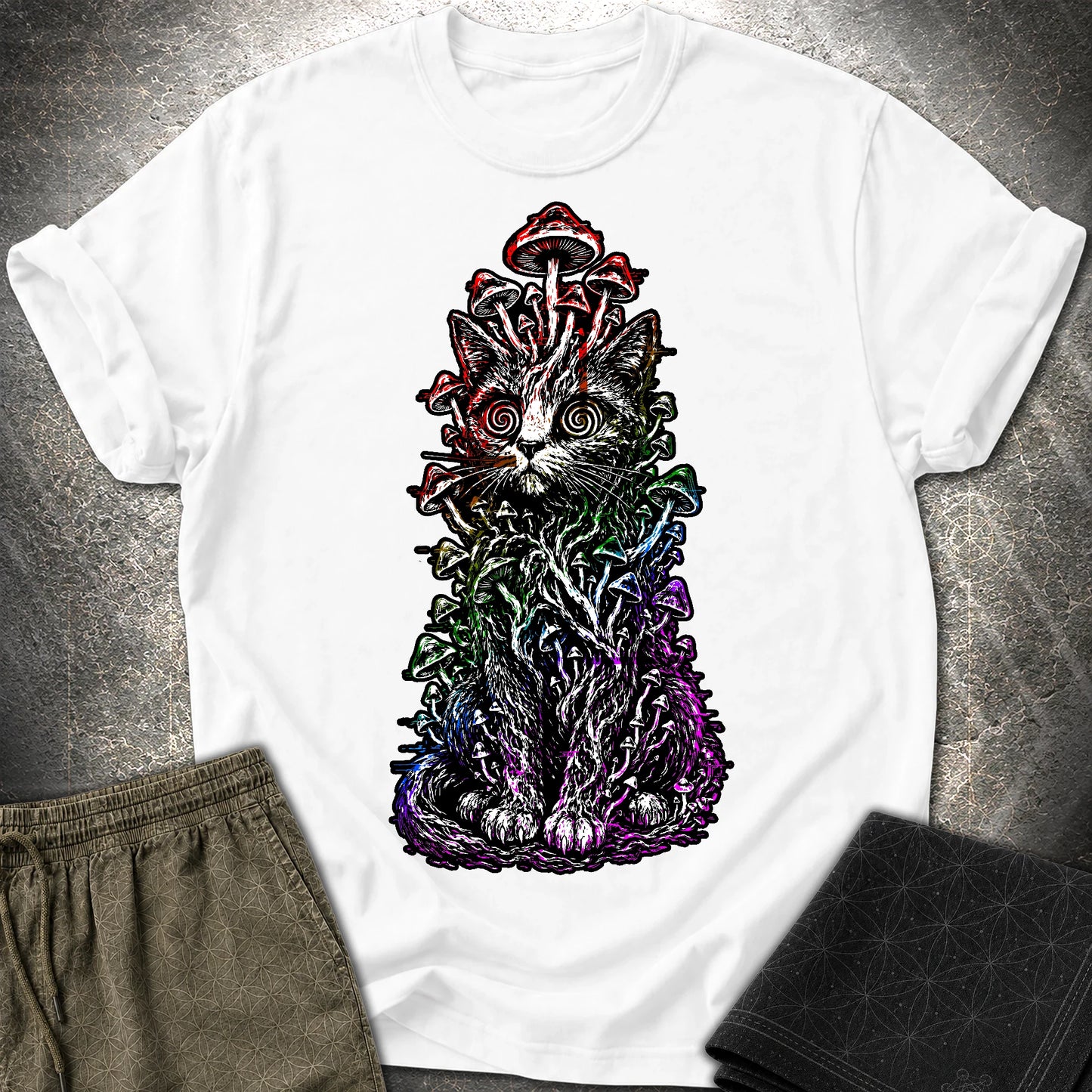 Trippy Mushroom Cat T-Shirt - Trippy Mushroom Cat T-Shirt - White
