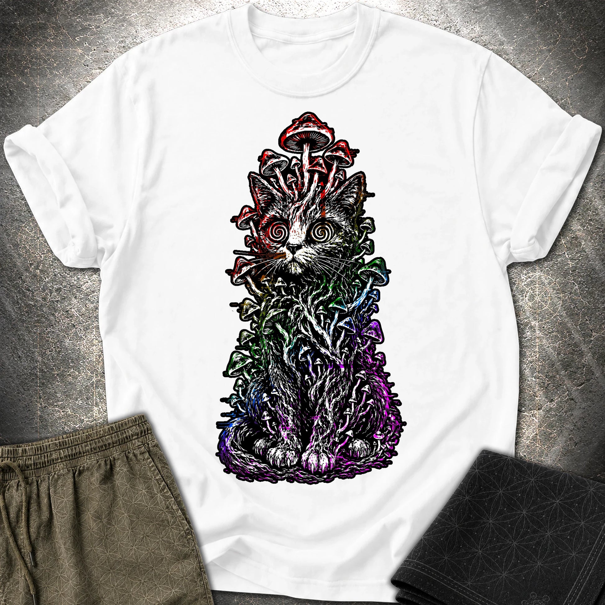 Trippy Mushroom Cat T-Shirt - Trippy Mushroom Cat T-Shirt - White
