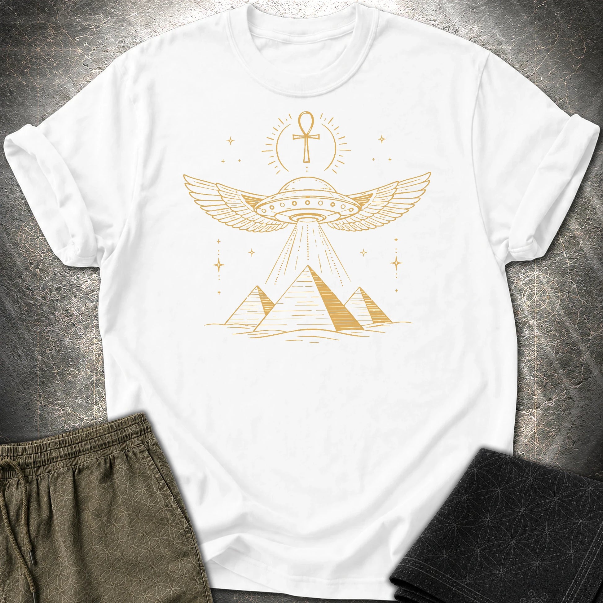Winged Starship Over the Pyramids - Winged Starship Over the Pyramids T-Shirt - White
