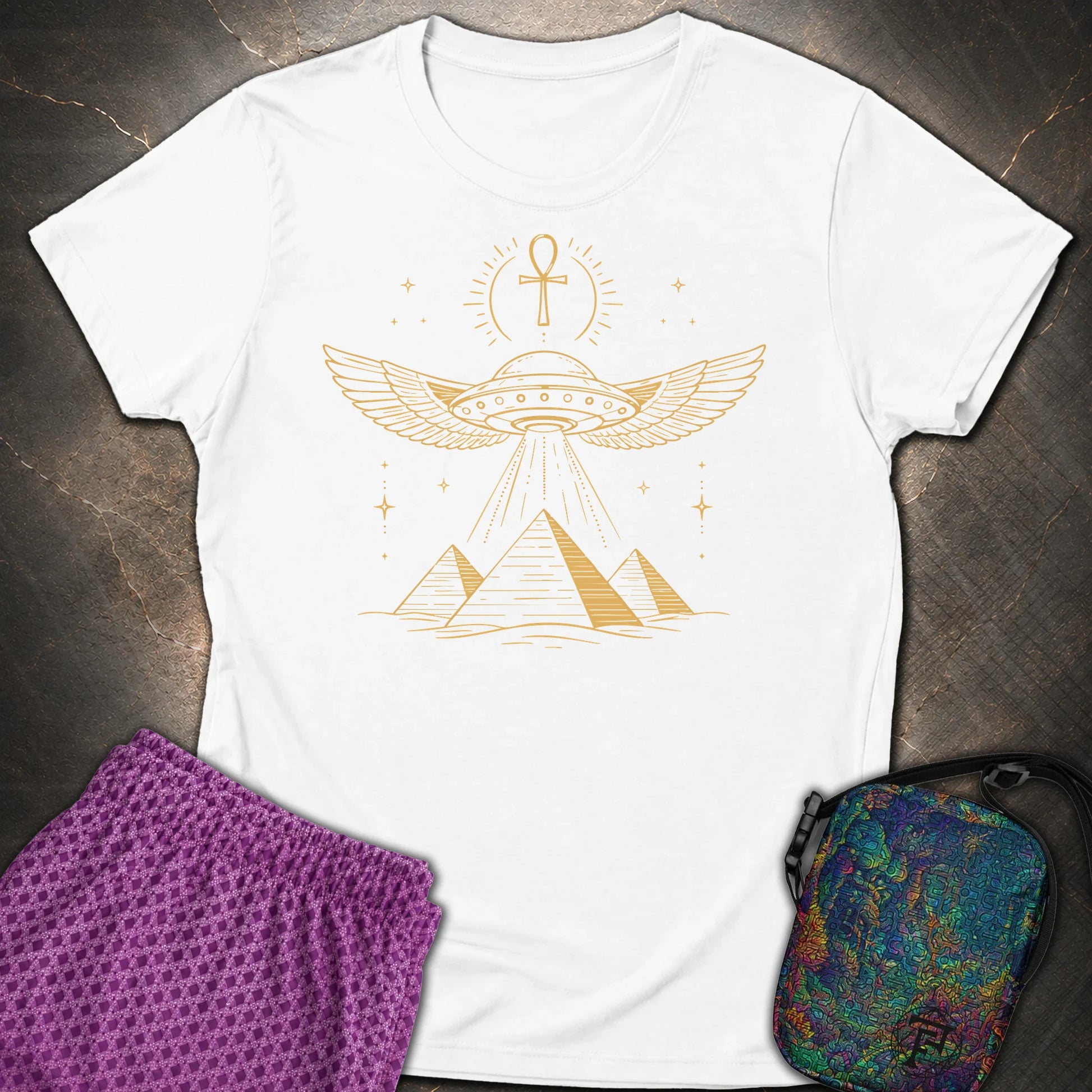 Winged Starship Over the Pyramids - Winged Starship Over the Pyramids Womens T-Shirt - White
