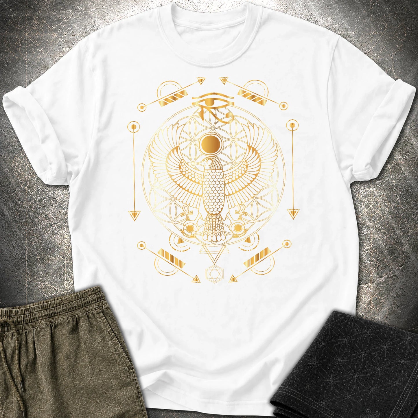Falcon Flower Of Life Egypt T-Shirt - Falcon Flower Of Life Egypt T-Shirt - White