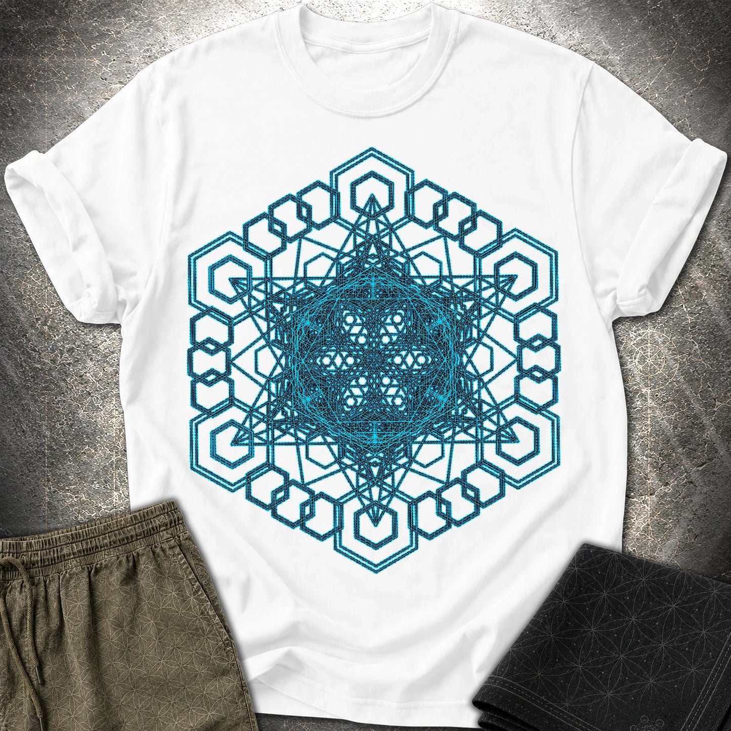 Sacred Geometry T-Shirt, Blue Geometric Mandala Shirt, Visionary Pattern Graphic Tee - Sacred Geometry T-Shirt, Blue Geometric Mandala Shirt, Visionary Pattern Graphic Tee - White