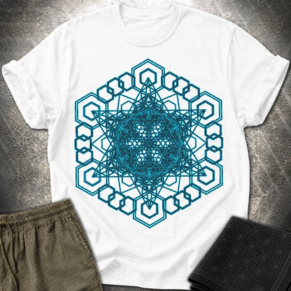 Sacred Geometry T-Shirt, Blue Geometric Mandala Shirt, Visionary Pattern Graphic Tee - Sacred Geometry T-Shirt, Blue Geometric Mandala Shirt, Visionary Pattern Graphic Tee - White