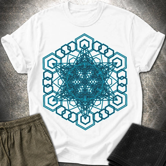 Sacred Geometry T-Shirt, Blue Geometric Mandala Shirt, Visionary Pattern Graphic Tee - Sacred Geometry T-Shirt, Blue Geometric Mandala Shirt, Visionary Pattern Graphic Tee - White