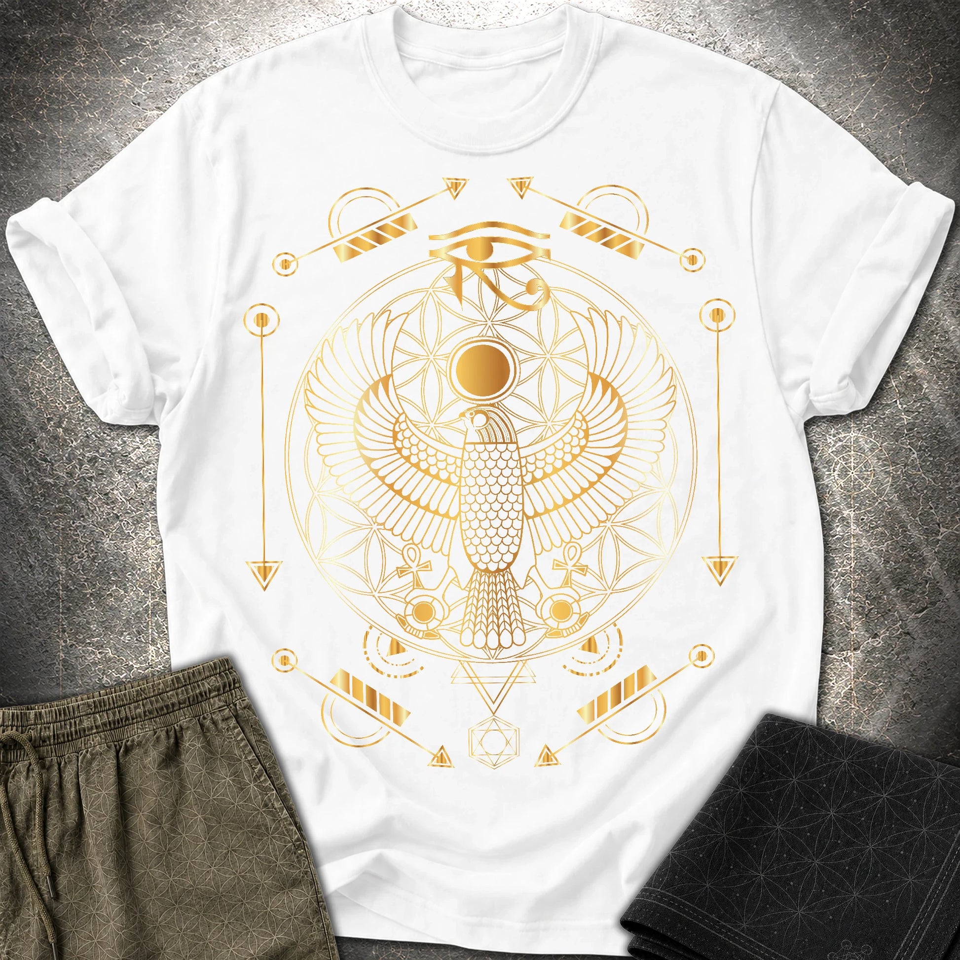 Falcon Flower Of Life Egypt T-Shirt - Falcon Flower Of Life Egypt T-Shirt - White