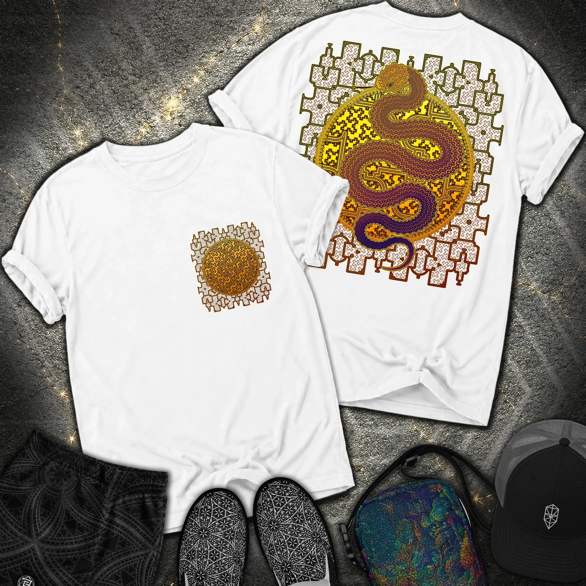 Shipibo Kene Cosmic Snake Comfort 2 Sided T-shirt - Shipibo Kene Cosmic Snake Comfort 2 Sided T-shirt - White