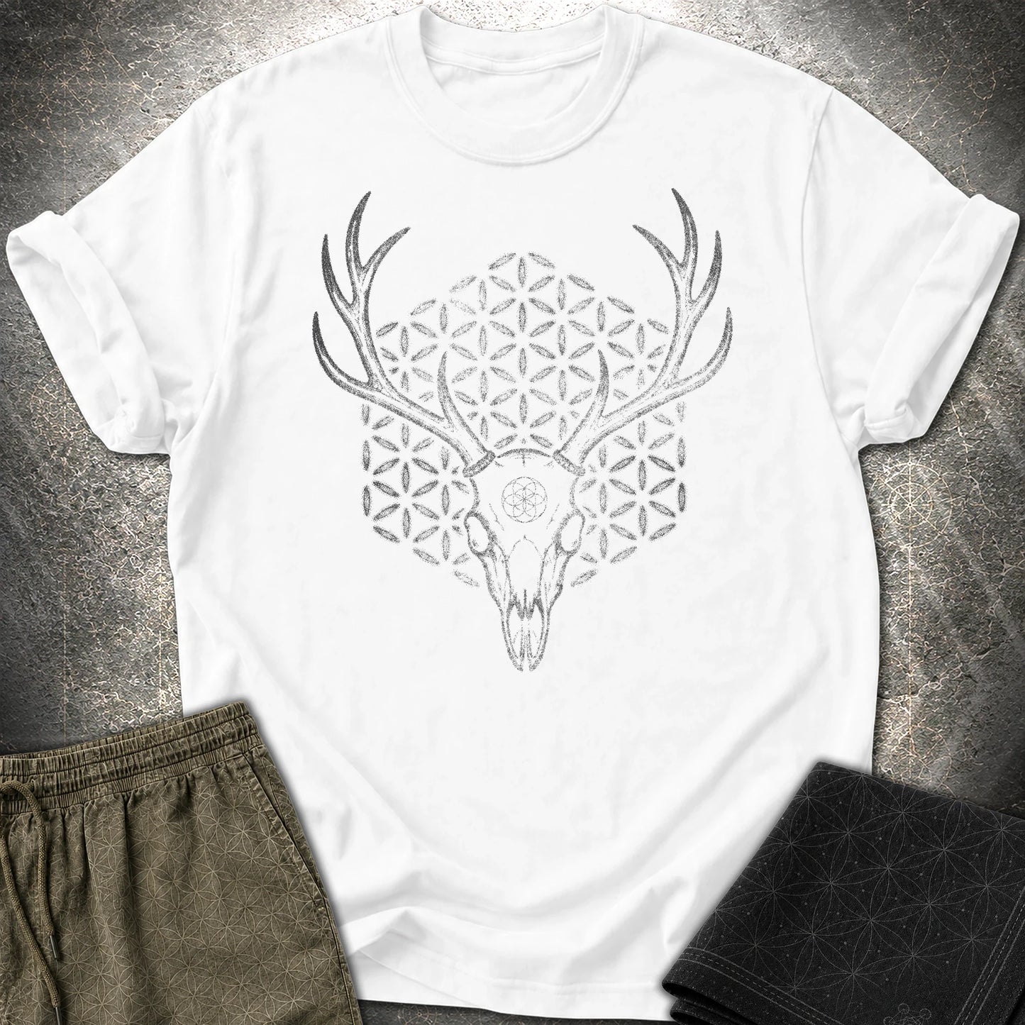 Deer Skull Sacred Geometry Shirt, Antler Flower of Life Tee, Gothic Nature Graphic, Mystic Stag Skull T-Shirt - Deer Skull Sacred Geometry Shirt, Antler Flower of Life Tee, Gothic Nature Graphic, Mystic Stag Skull T-Shirt - White