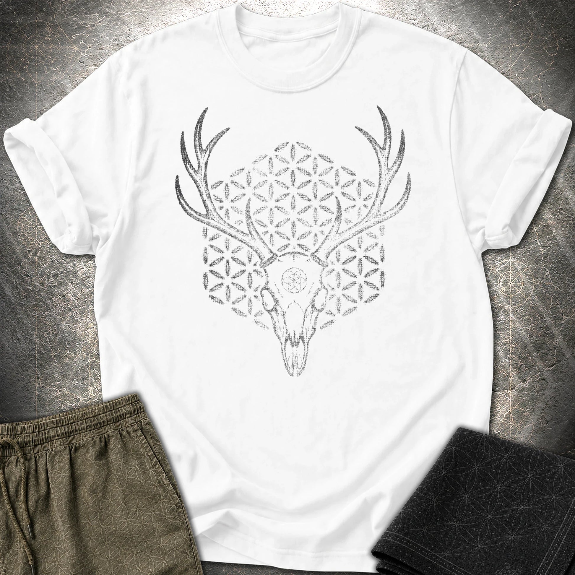 Deer Skull Sacred Geometry Shirt, Antler Flower of Life Tee, Gothic Nature Graphic, Mystic Stag Skull T-Shirt - Deer Skull Sacred Geometry Shirt, Antler Flower of Life Tee, Gothic Nature Graphic, Mystic Stag Skull T-Shirt - White