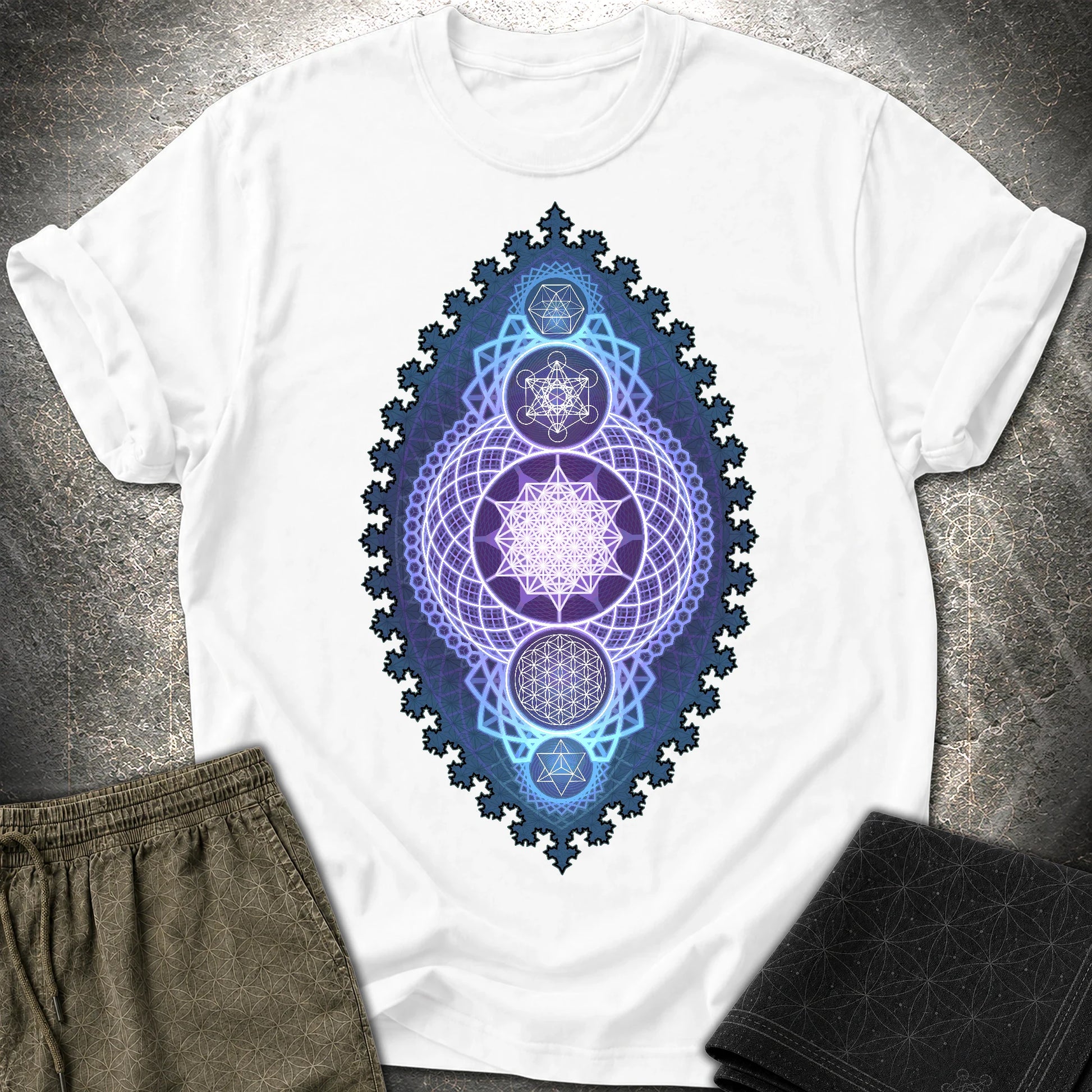 Blue Fractal Sacred Geometry Fusion T-Shirt - Blue Fractal Sacred Geometry Fusion T-Shirt - White