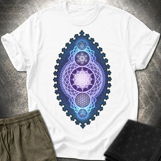 Blue Fractal Sacred Geometry Fusion T-Shirt - Blue Fractal Sacred Geometry Fusion T-Shirt - White
