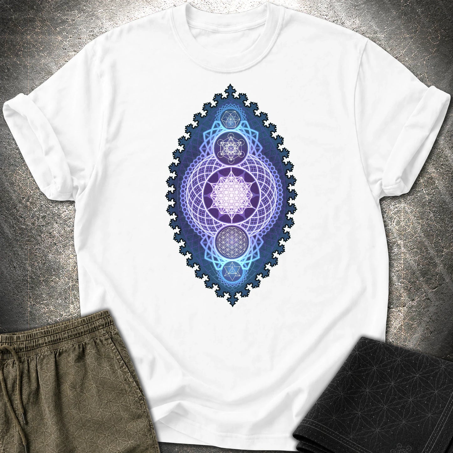 Blue Fractal Sacred Geometry Fusion T-Shirt - Blue Fractal Sacred Geometry Fusion T-Shirt - White