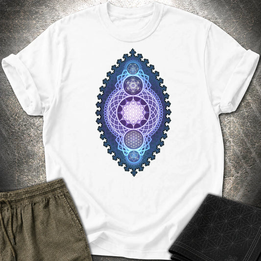 Blue Fractal Sacred Geometry Fusion T-Shirt - Blue Fractal Sacred Geometry Fusion T-Shirt - White