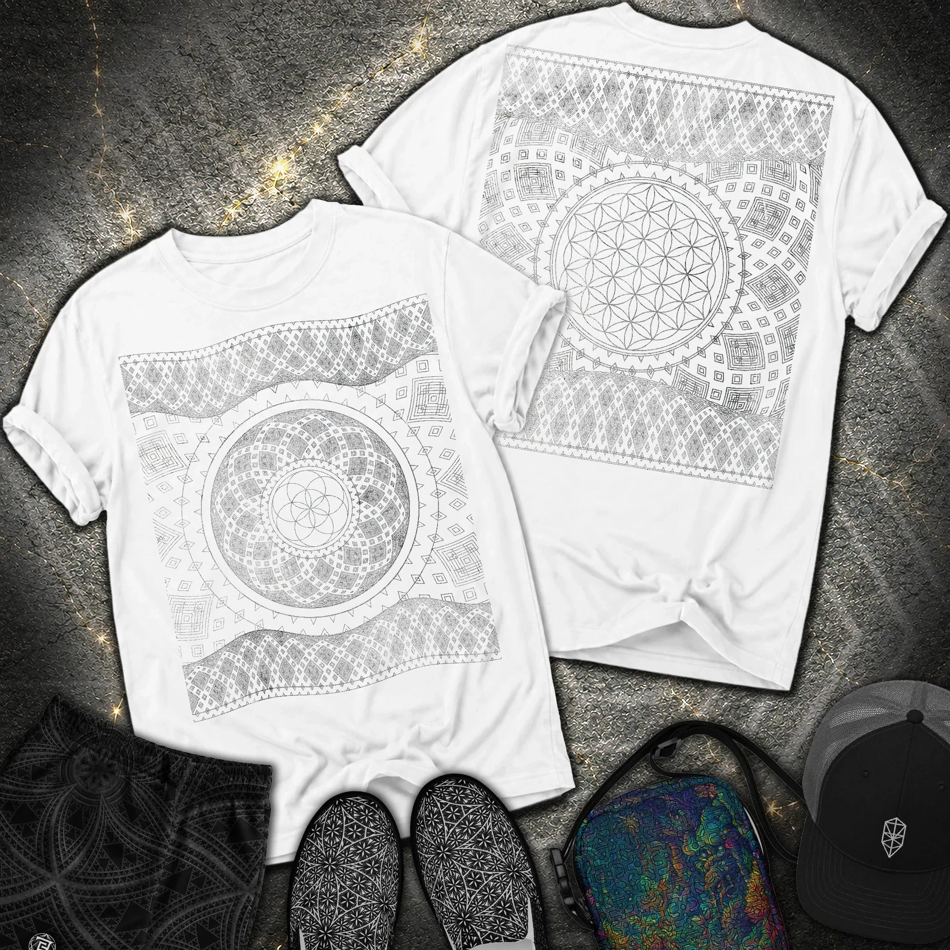 Silver Geometry Flower & Seed of Life Heavyweight 2 Sided Comfort T-Shirt - Silver Geometry Flower & Seed of Life Heavyweight 2 Sided Comfort T-Shirt - White