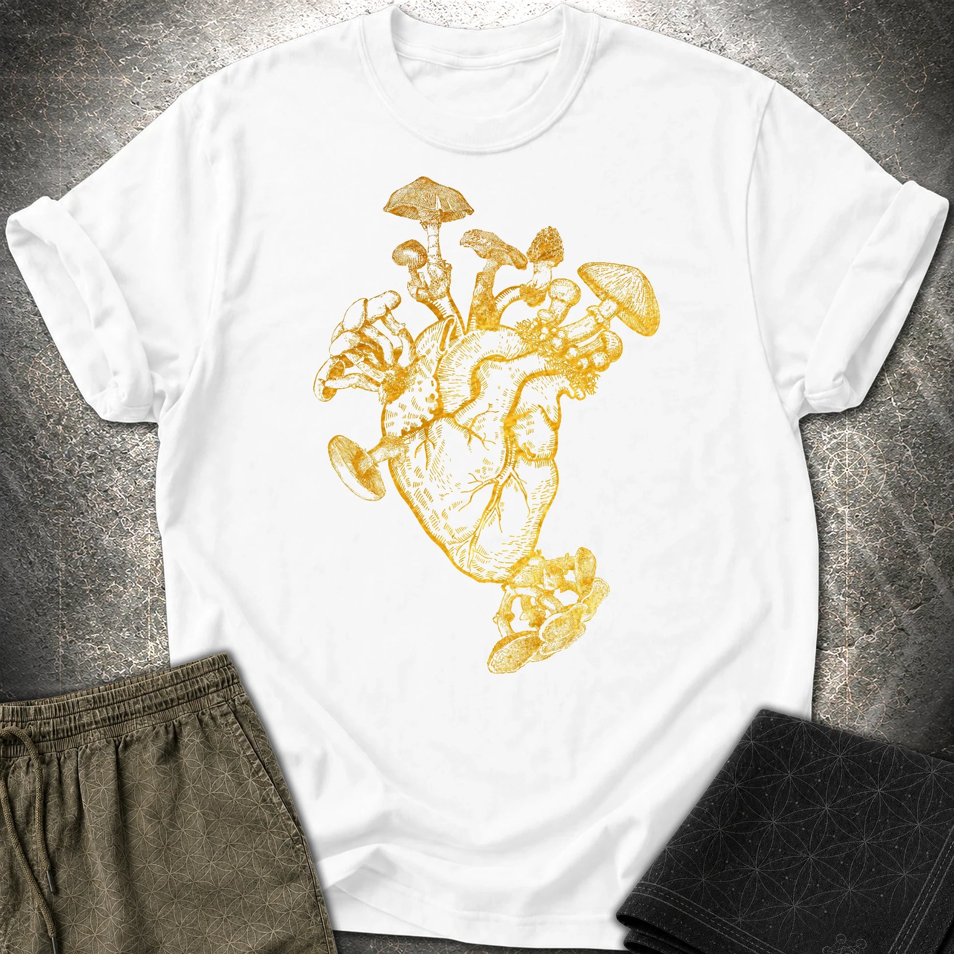 Mushroom Heart Gold T-Shirt - Mushroom Heart Gold T-Shirt - White