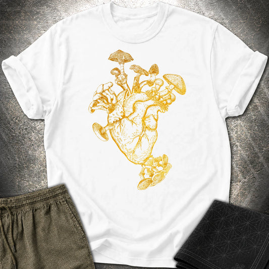 Mushroom Heart Gold T-Shirt - Mushroom Heart Gold T-Shirt - White