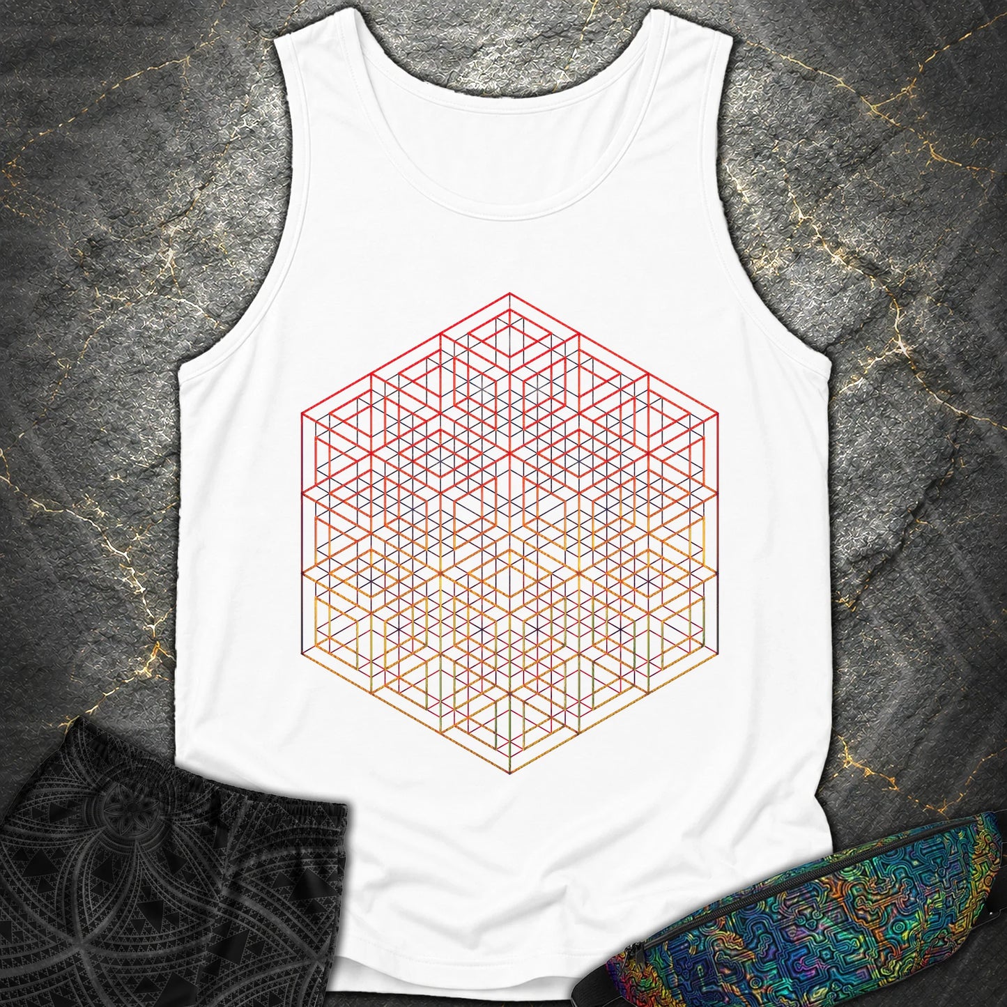 3D Wireframe Cube T-Shirt - 3D Wireframe Cube Comfort Tank Top - White