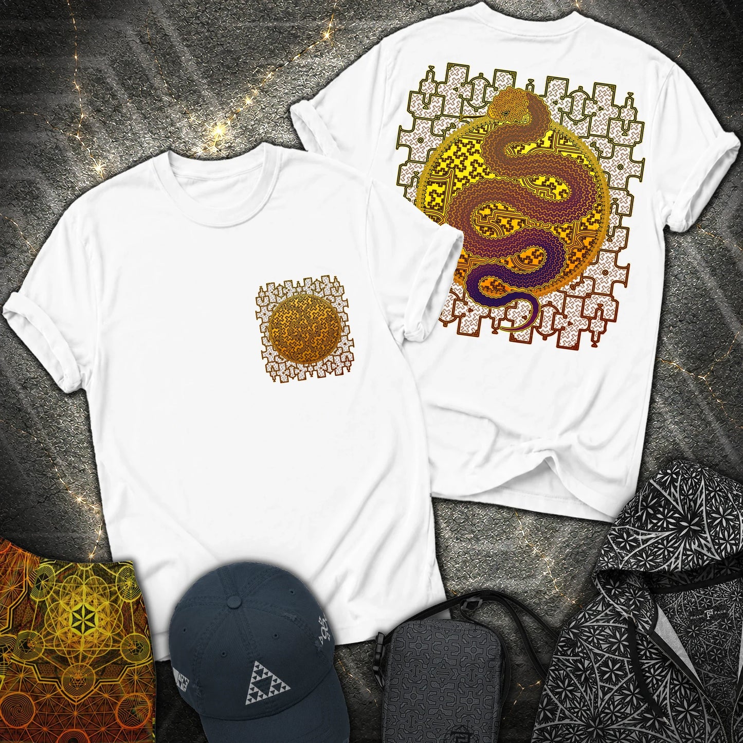 Shipibo Kene Cosmic Snake Comfort 2 Sided T-shirt - Shipibo Kene Cosmic Snake 2 Sided T-Shirt - White