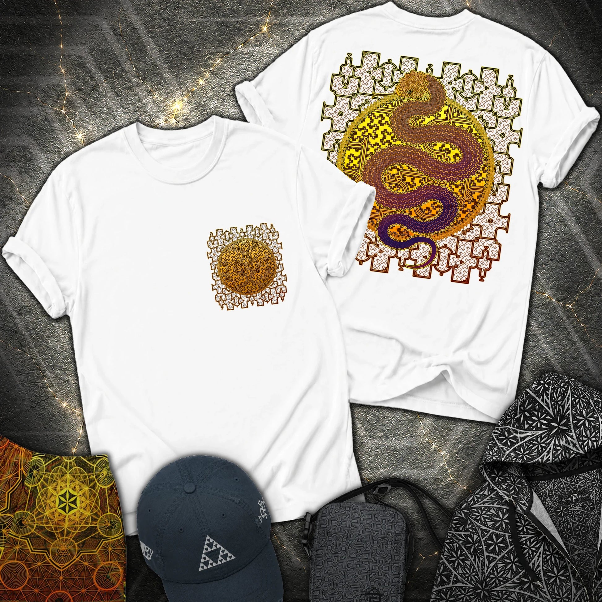 Shipibo Kene Cosmic Snake Comfort 2 Sided T-shirt - Shipibo Kene Cosmic Snake 2 Sided T-Shirt - White