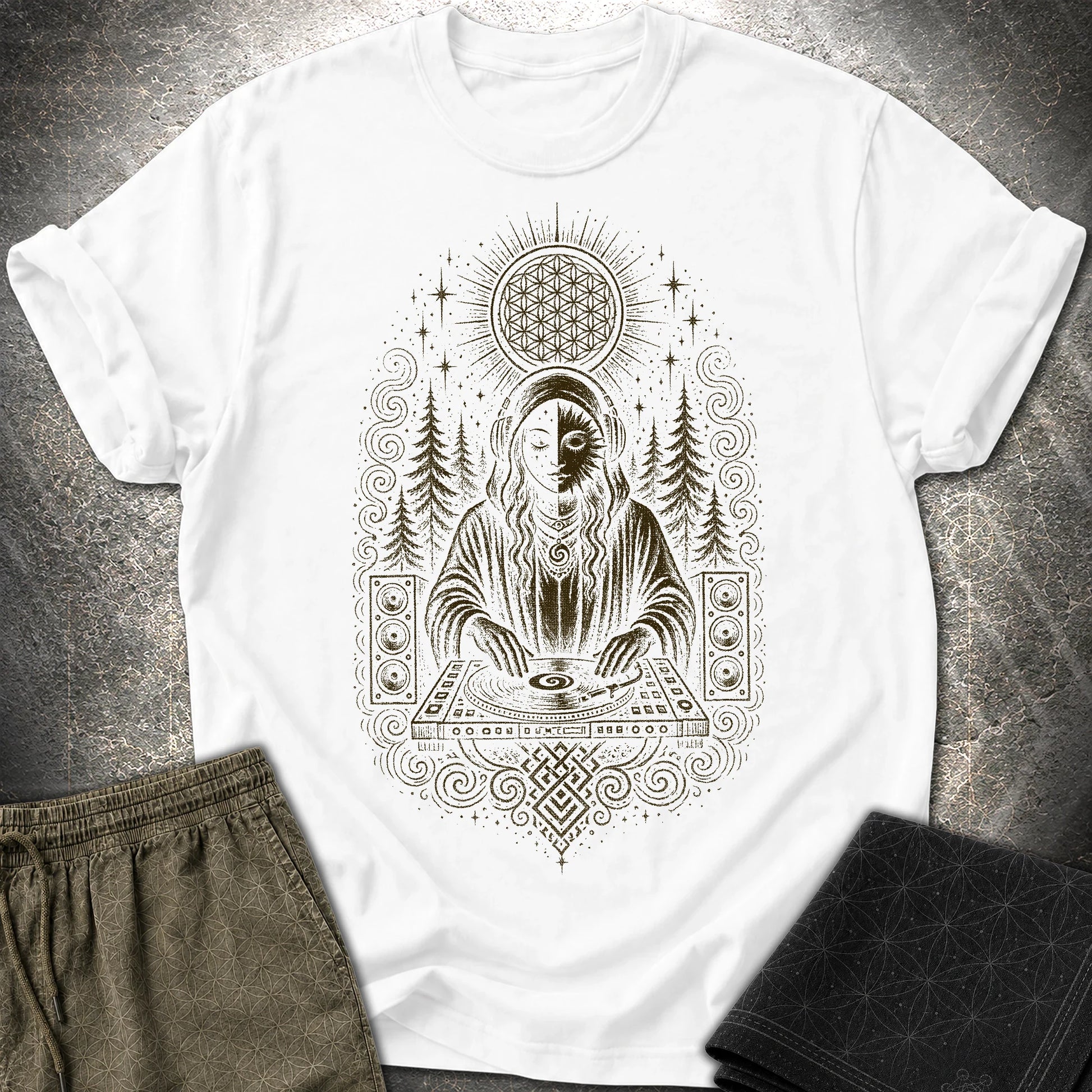 Mystic DJ T-Shirt, Psychedelic Rave Goddess Shirt, Sacred Geometry Festival Graphic Tee - Mystic DJ T-Shirt, Psychedelic Rave Goddess Shirt, Sacred Geometry Festival Graphic Tee - White