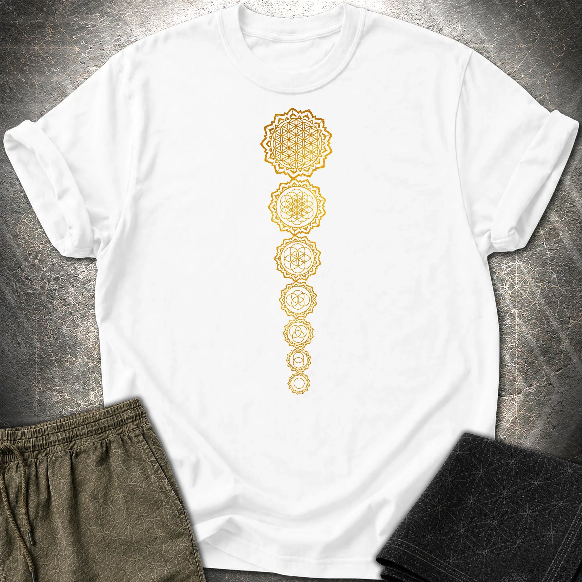 Gold Flower Of lIfe Chakras T-Shirt - Gold Flower Of lIfe Chakras T-Shirt - White