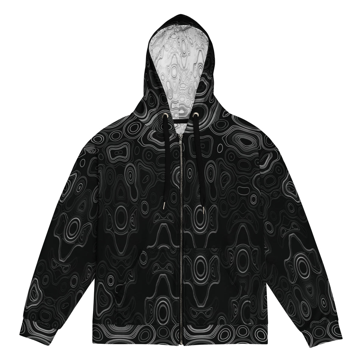 Psychedelic Surreal Monochrome Face Patterns, Organic Waveform Visionary Art Unisex Zip Hoodie