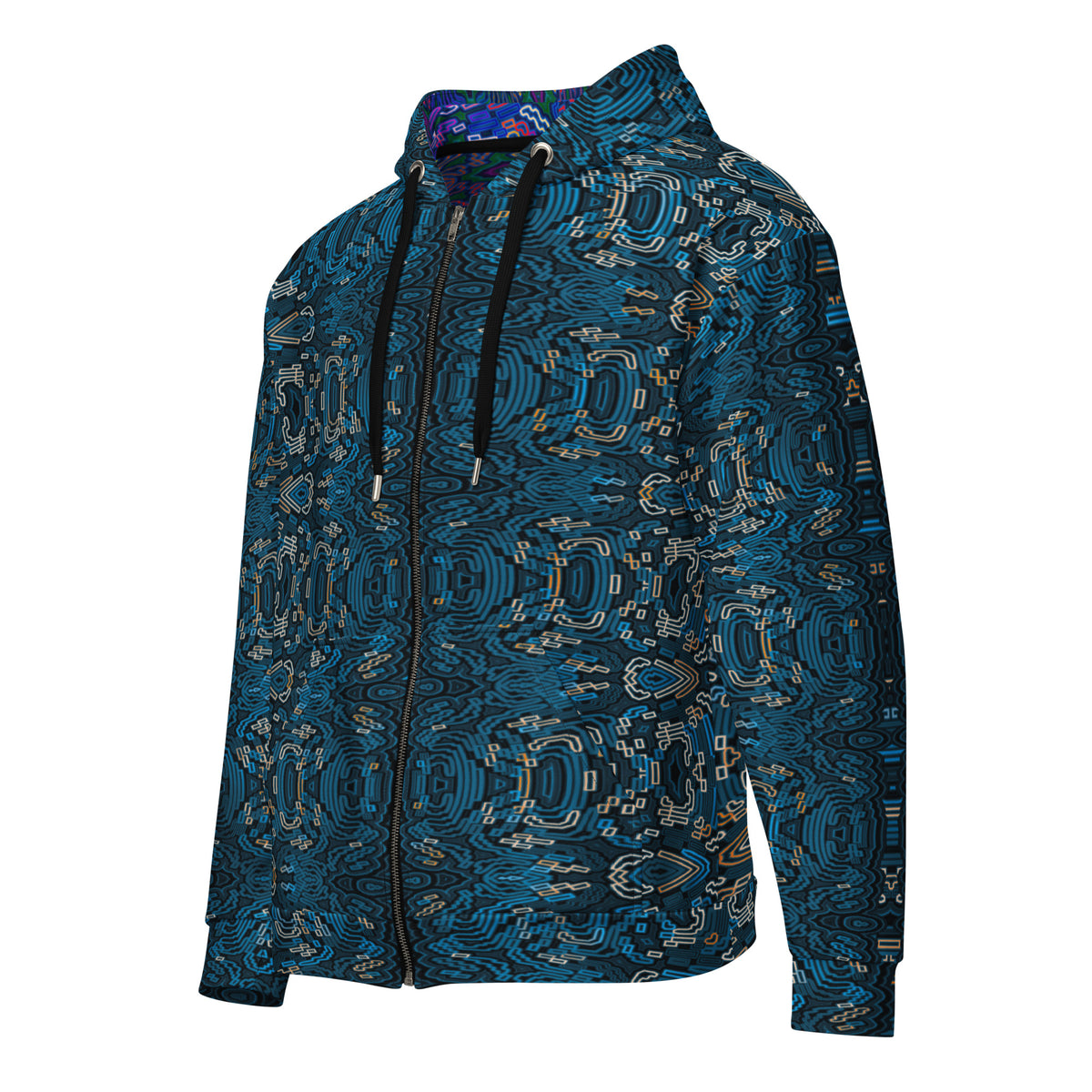 Geometric Blue Wave Pattern Zip Hoodie