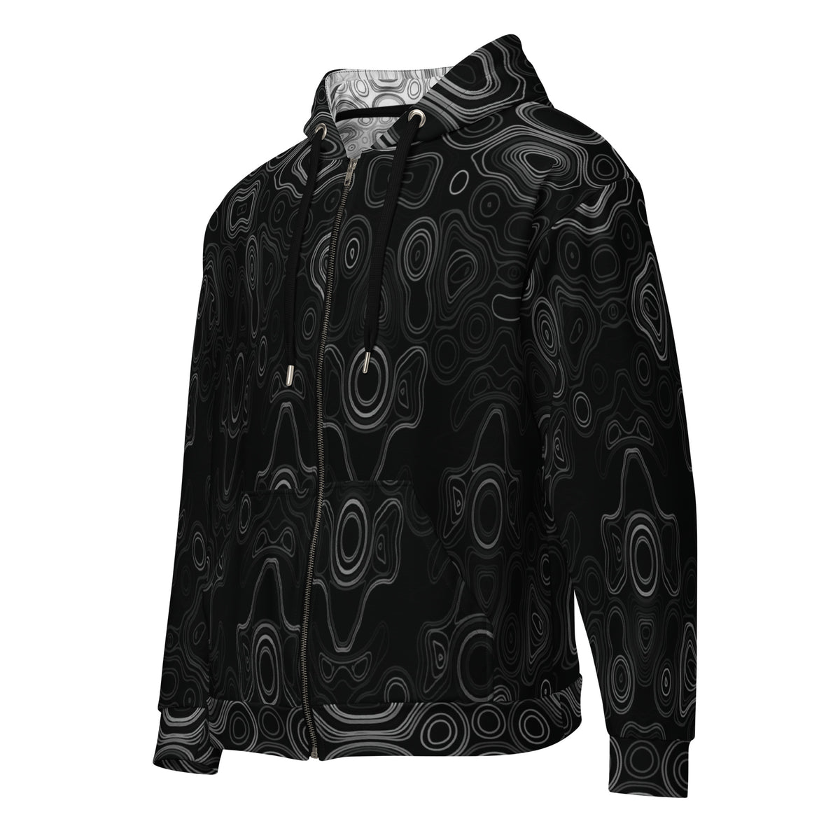 Psychedelic Surreal Monochrome Face Patterns, Organic Waveform Visionary Art Unisex Zip Hoodie