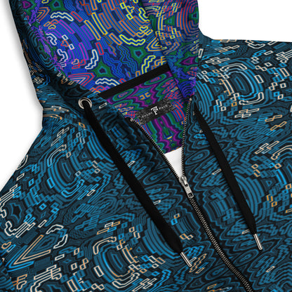 Geometric Blue Wave Pattern Zip Hoodie