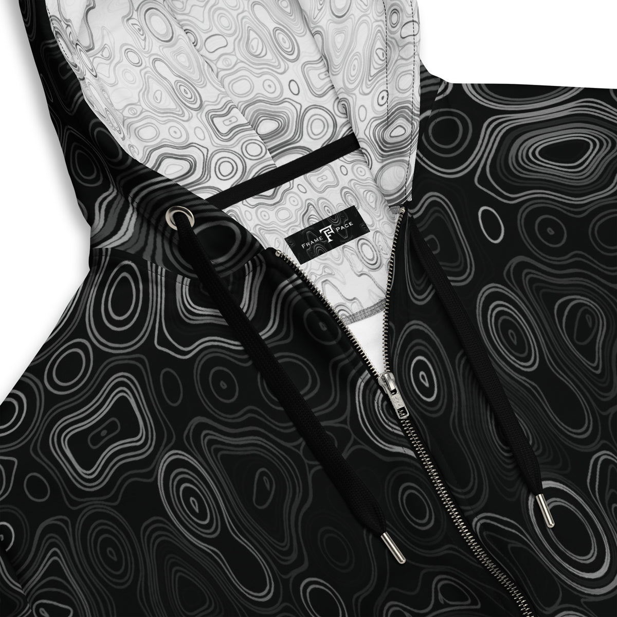 Psychedelic Surreal Monochrome Face Patterns, Organic Waveform Visionary Art Unisex Zip Hoodie