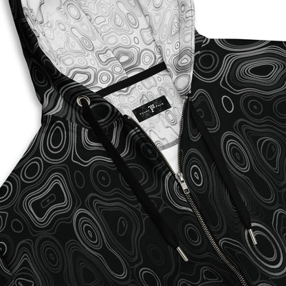 Psychedelic Surreal Monochrome Face Patterns, Organic Waveform Visionary Art Unisex Zip Hoodie