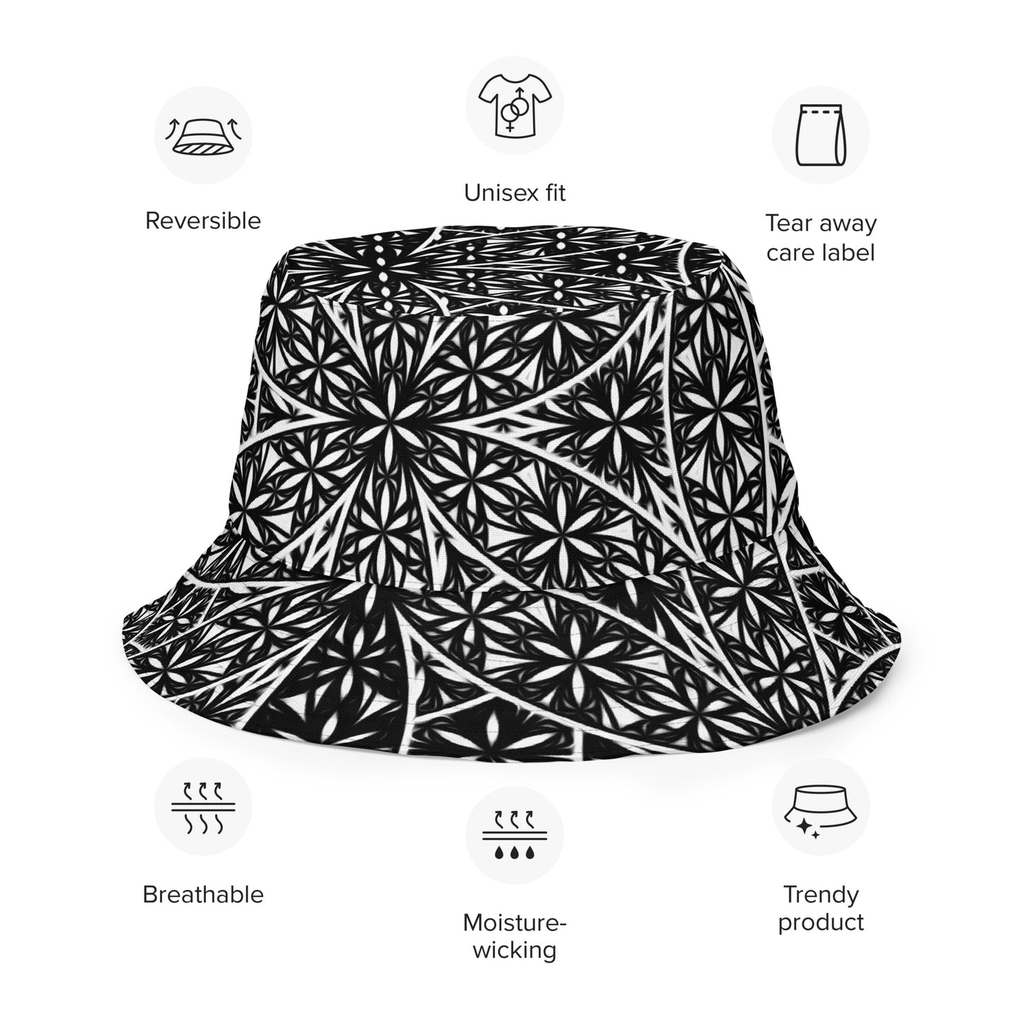Flower of Life Bucket Hat, Reversible Sacred Geometry Hat, Black White Festival Hat, Geometric Boho Sun Reversible Bucket Hat