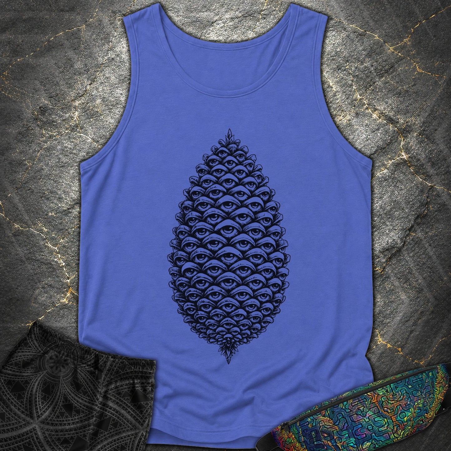 All Seeing Pinecone Black - All Seeing Pinecone Black Comfort Tank Top - Flo Blue