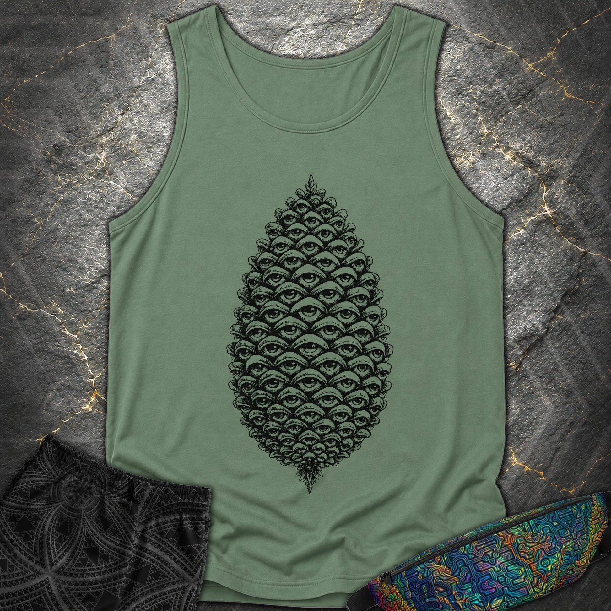 All Seeing Pinecone Black - All Seeing Pinecone Black Comfort Tank Top - Light Green