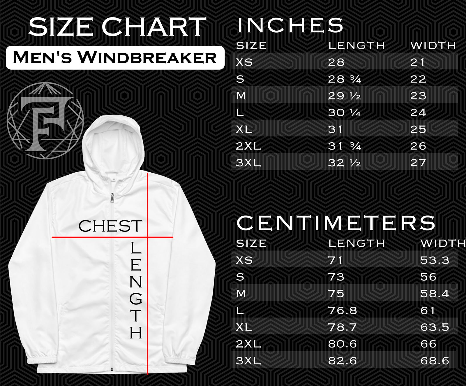 Size chart for Shipibo Conibo Jungle Windbreaker