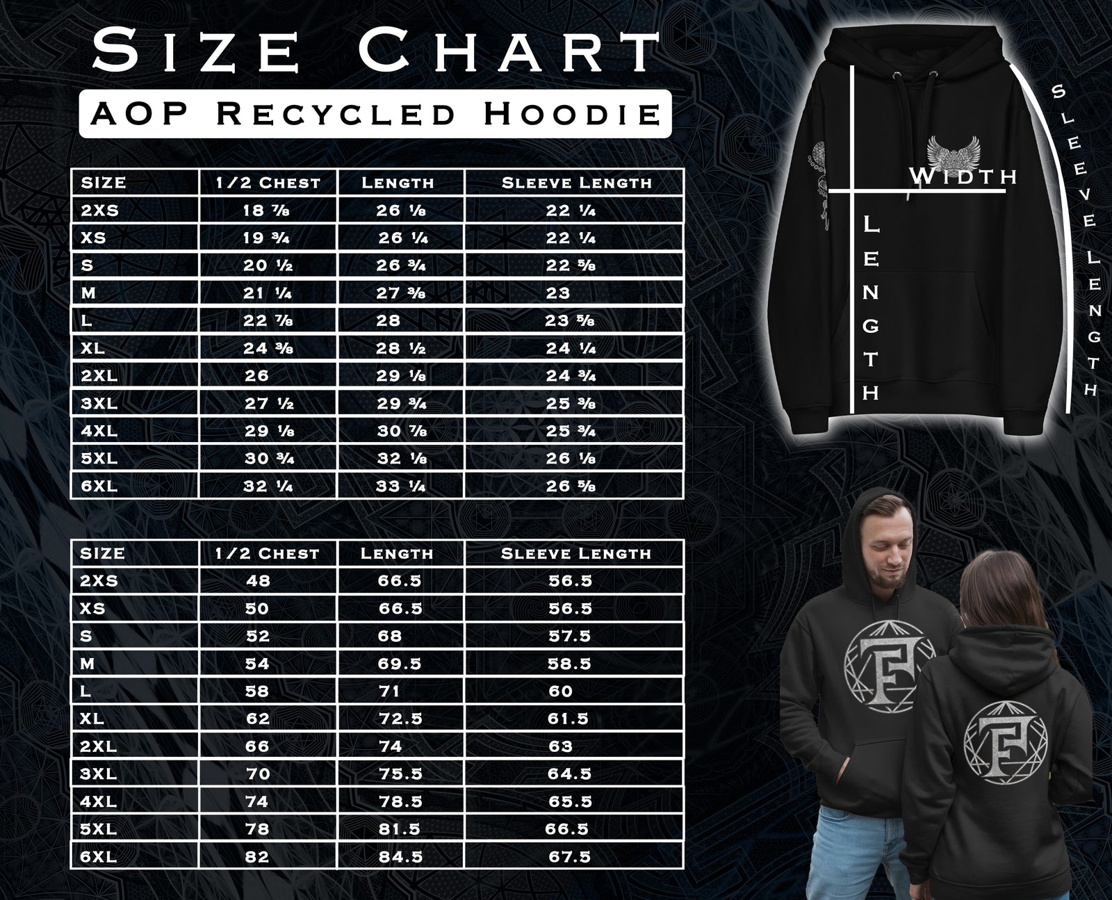 Size chart for Sri Yantra Blue Unisex Hoodie